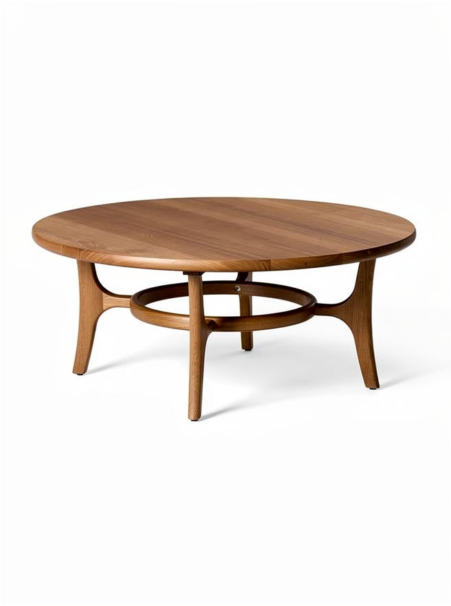 ** Runde Kaffeetisch aus Holz mit minimalistischer Konstruktion und offenem Ständer.