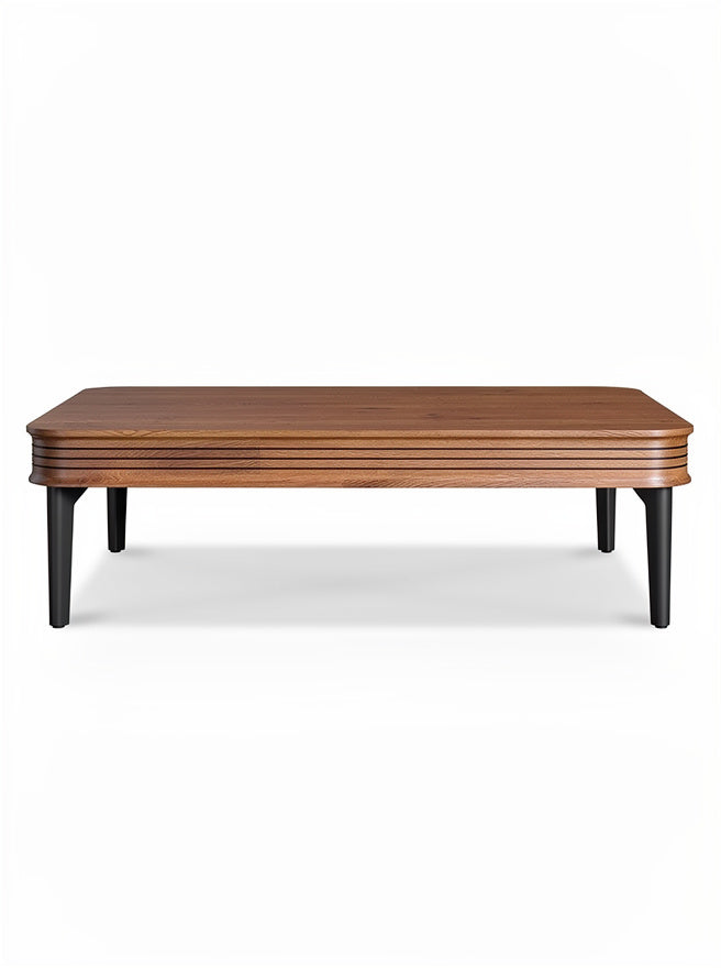 **Eleganter Holztisch mit gestreiftem Design und schwarzen Beinen**