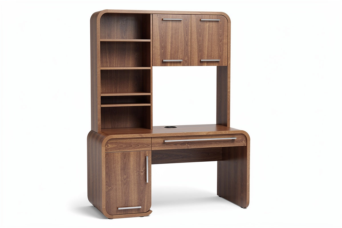 **Technischer Titel: Moderner Schreibtisch mit integriertem Regal und Holzfinish**