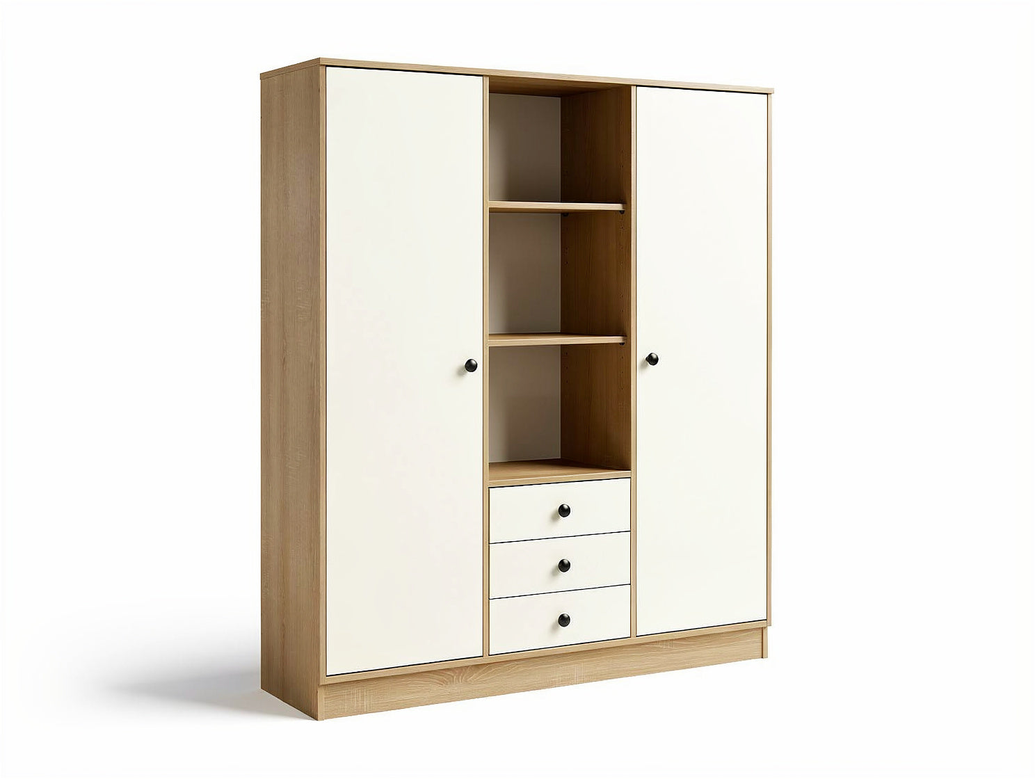 **Deutsch technischer Titel: 'Moderner Kiefernholz Kleiderschrank mit weißen Türen und Schubladen'**